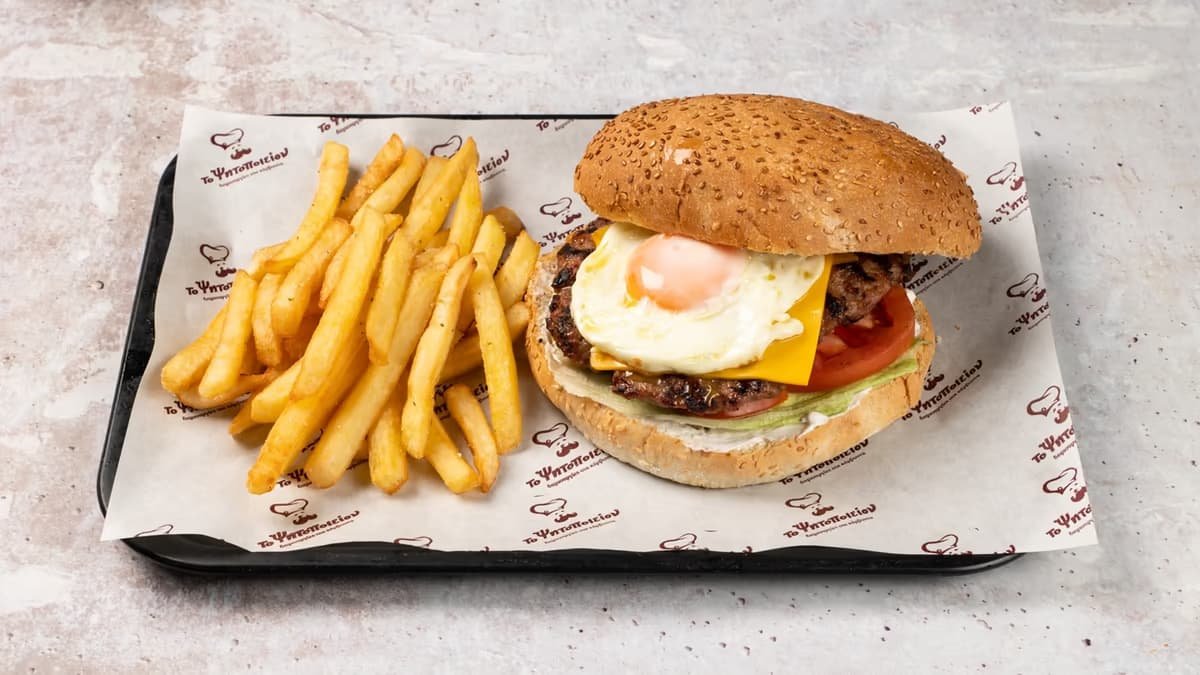 Mega De Lux burger με τηγανητές πατάτες σε μεταλλικό δίσκο